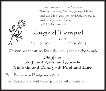 Todesanzeige von Ingrid Tempel von Uelzen