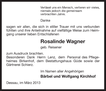 Todesanzeige von Rosalinde Wagner von Uelzen