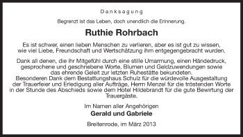 Todesanzeige von Ruthie Rohrbach von Uelzen