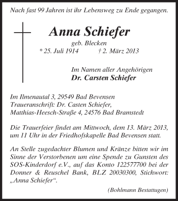 Todesanzeige von Anna Schiefer von Uelzen