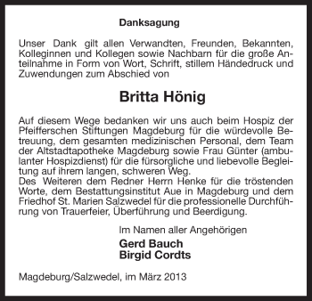 Todesanzeige von Britta Hönig von Uelzen