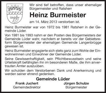 Todesanzeige von Heinz Burmeister von Uelzen