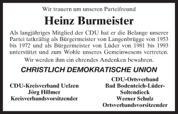 Todesanzeige von Heinz Burmeister von Uelzen