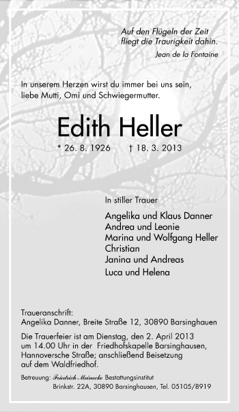 Todesanzeige von Edith Heller von Uelzen