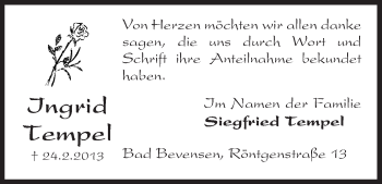 Todesanzeige von Ingrid Tempel von Uelzen