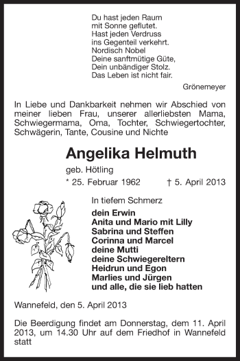 Todesanzeige von Angelika Helmuth von Uelzen