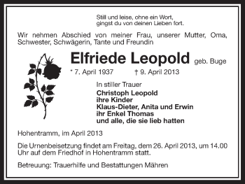Todesanzeige von Elfriede Leopold von Uelzen