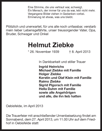 Todesanzeige von Helmut Ziebke von Uelzen