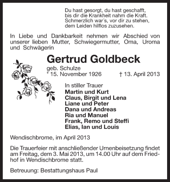Todesanzeige von Gertrud Goldbeck von Uelzen