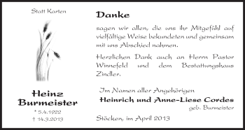 Todesanzeige von Heinz Burmeister von Uelzen