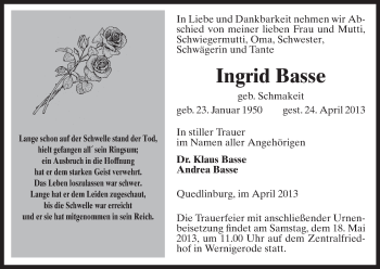 Todesanzeige von Ingrid Basse von Uelzen