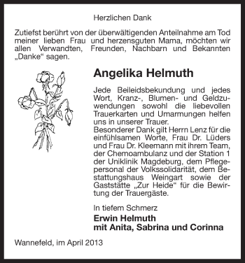 Todesanzeige von Angelika Helmuth von Uelzen