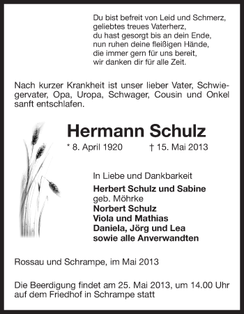 Todesanzeige von Hermann Schulz von Uelzen