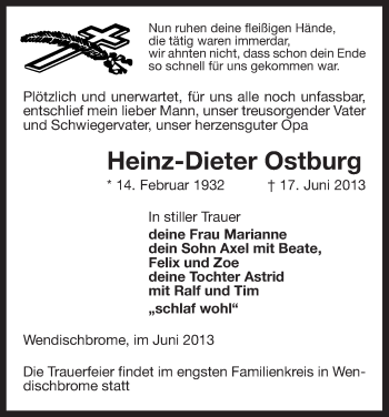 Todesanzeige von Heinz-Dieter Ostburg von Uelzen