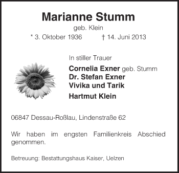 Todesanzeige von Marianne Stumm von Uelzen