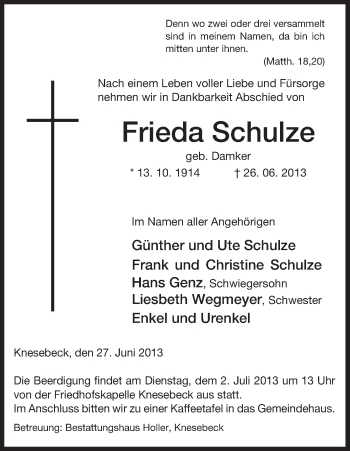 Todesanzeige von Frieda Schulze von Uelzen