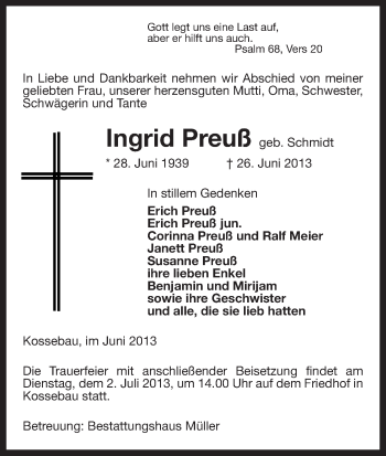 Todesanzeige von Ingrid Preuß von Uelzen