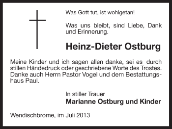 Todesanzeige von Heinz-Dieter Ostburg von Uelzen