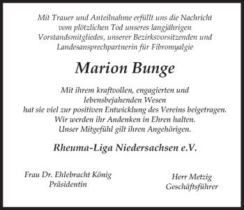 Todesanzeige von Marion Bunge von Uelzen