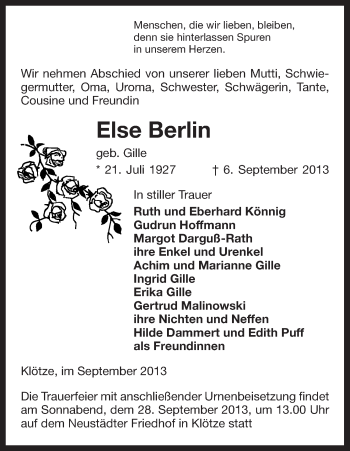 Todesanzeige von Else Berlin von Uelzen