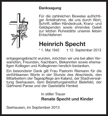 Todesanzeige von Heinrich Specht von Uelzen