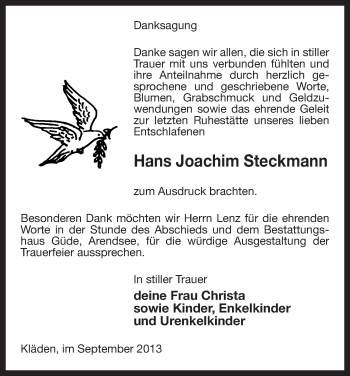 Todesanzeige von Hans Joachim Steckmann von Uelzen