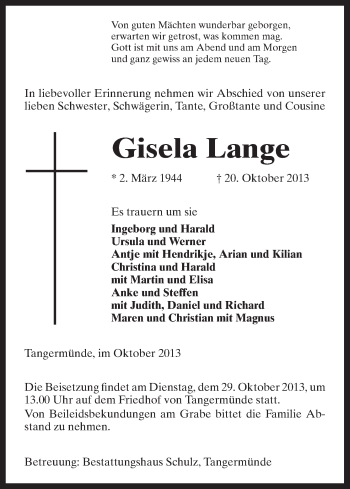 Todesanzeige von Gisela Lange von Uelzen
