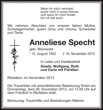 Todesanzeige von Anneliese Specht von Uelzen