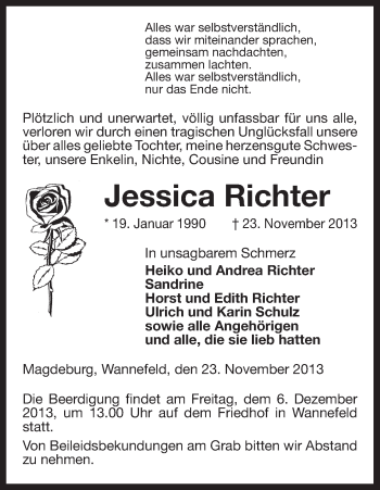 Todesanzeige von Jessica Richter von Uelzen