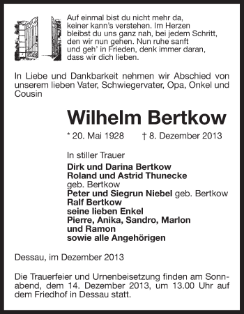 Todesanzeige von Wilhelm Bertkow von Uelzen