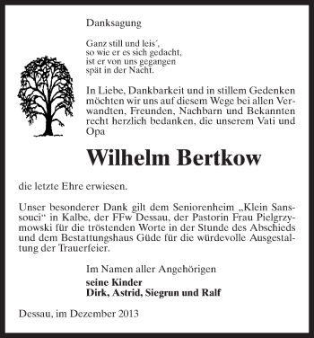 Todesanzeige von Wilhelm Bertkow von Uelzen