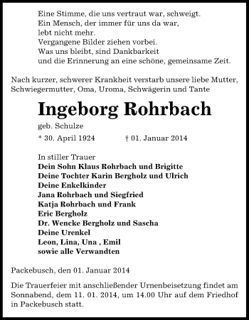 Todesanzeige von Ingeborg Rohrbach von Uelzen