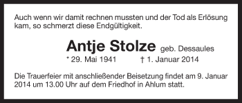 Todesanzeige von Antje Stolze von Uelzen