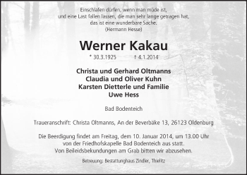 Todesanzeige von Werner Kakau von Uelzen