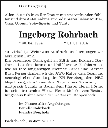 Todesanzeige von Ingeborg Rohrbach von Uelzen