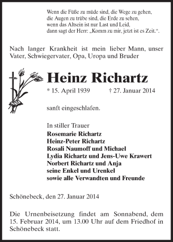 Todesanzeige von Heinz Richartz von Uelzen