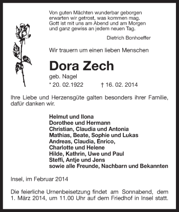 Todesanzeige von Dora Zech von Uelzen
