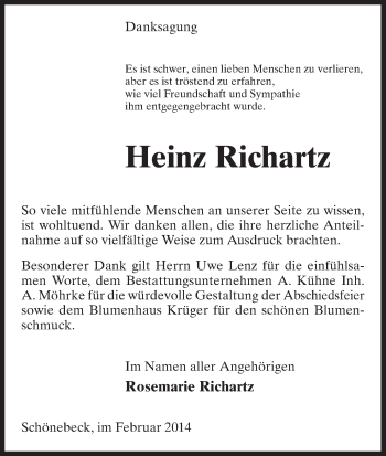 Todesanzeige von Heinz Richartz von Uelzen