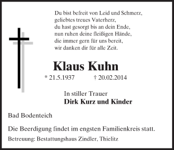 Todesanzeige von Klaus Kuhn von Uelzen