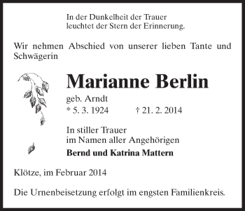 Todesanzeige von Marianne Berlin von Uelzen