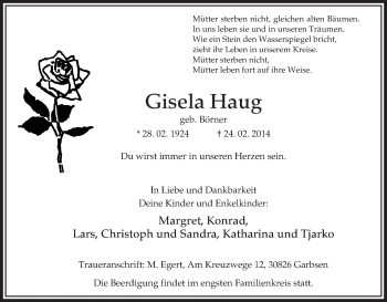 Todesanzeige von Gisela Haug von Uelzen