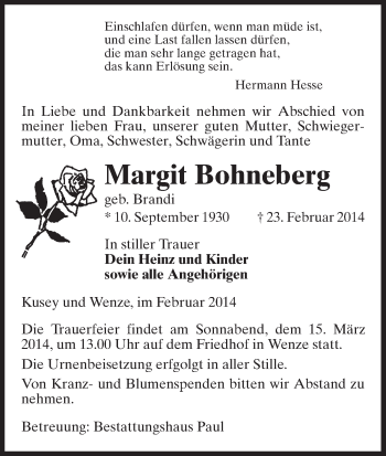 Todesanzeige von Margit Bohneberg von Uelzen