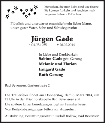 Todesanzeige von Jürgen Gade von Uelzen