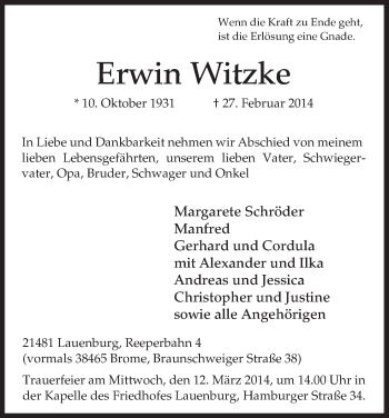 Todesanzeige von Erwin Witzke von Allgemeine Zeitung Uelzen