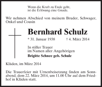Todesanzeige von Bernhard Schulz von Uelzen
