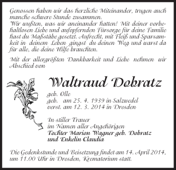 Todesanzeige von Waltraud Dobratz von Uelzen