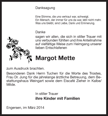 Todesanzeige von Margot Mette von Uelzen