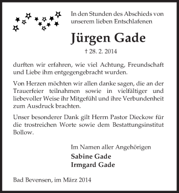 Todesanzeige von Jürgen Gade von Uelzen