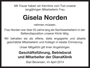Todesanzeige von Gisela Norden von Uelzen