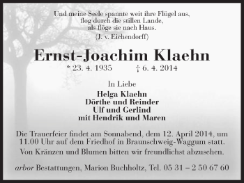 Todesanzeige von Ernst-Joachim Klaehn von Uelzen